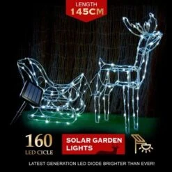 Stockholm Christmas Lights 160 LEDs Solar Sleigh Reindeer Fairy Outdoor Garden Xmas 145CM