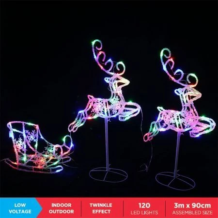 Stockholm Christmas Lights 120 LEDs Sleigh + Reindeers Multi Color Xmas Outdoor Garden Decor 3M 6 Stockholm Christmas Lights 120 LEDs Sleigh + Reindeers Multi Color Xmas Outdoor Garden Decor 3M - Image 6