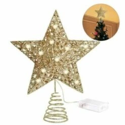 Glittered Christmas Tree Topper 25cm Metal Star Treetop 30 LED Xmas Topper Star For Christmas Tree Decoration (Gold) -Christmas Lights Store 249741 2019869 F