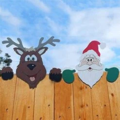 2 Pieces Home Decor Christmas Garden Ornaments Fence Penguin Elk Santa Claus