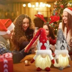 Christmas Gnomes Decorations With LED Light, 2 Pack Handmade Gnomes, Lighted Santa Elf Plush Table Ornaments RED And BROWN