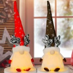 Christmas Gnomes Decorations With LED Light, 2 Pack Handmade Gnomes, Lighted Santa Elf Plush Table Ornaments RED And BROWN -Christmas Lights Store 258455 2127113 F