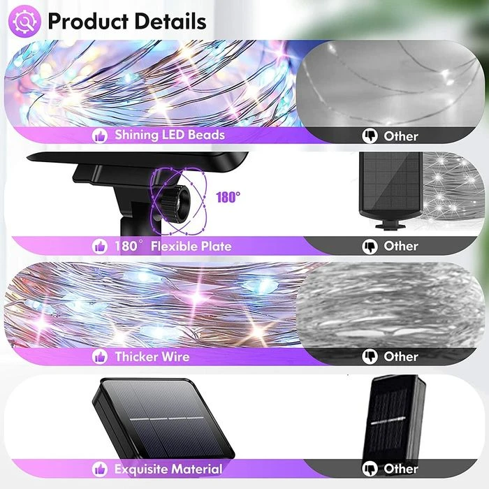 4-Pack 160FT 400 LED Solar String Lights Outdoor, Waterproof Solar Fairy Lights With 8 Lighting Modes, Solar Outdoor Lights For Tree Christmas Wedding Party Decorations Garden Patio (Multi-Color) 7 4-Pack 160FT 400 LED Solar String Lights Outdoor, Waterproof Solar Fairy Lights With 8 Lighting Modes, Solar Outdoor Lights For Tree Christmas Wedding Party Decorations Garden Patio (Multi-Color) - Image 7