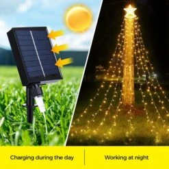 Solar LED String Light Waterfall Fairy Christmas Tree Hanging Decoration Ornament Star Topper Strip Indoor Outdoor 350 LED 9 Strands 8 Lighting Modes
