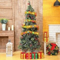 5M Christmas Tinsel Garland Metallic With 50 LED Lights Hanging Foil Tinsel Garland For Christmas Tree Wedding Party Supplies Col.Red -Christmas Lights Store 281951 2409301 HD