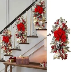 The Cordless Prelit Stairway Swag Trim,Christmas Swag Wreaths For Front Door Holiday Wall Window Hanging Ornaments For Indoor Outdoor Home Xmas Decor (Red,1Pcs)