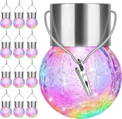 Outdoor Hanging Solar Lights - Cracked Glass Solar Lights Waterproof LED Decorative Ball Lights Tree Solar Powered Globe Lights With Hook For Garden Yard Fence Christmas Decoration,Multicolor (12 Pack)