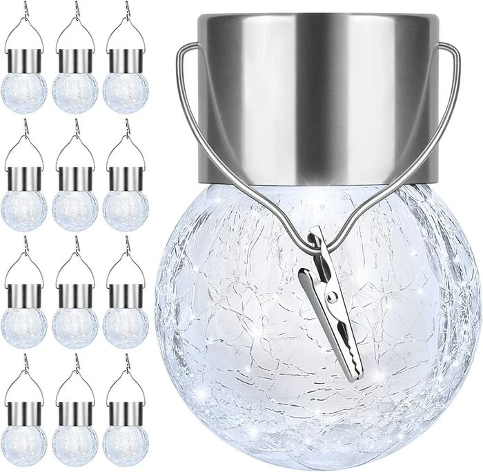 Outdoor Hanging Solar Lights - Cracked Glass Solar Lights Waterproof LED Decorative Ball Lights Tree Solar Powered Globe Lights With Hook For Garden Yard Fence Christmas Decoration,Daylight White (12 Pack) 1 Outdoor Hanging Solar Lights - Cracked Glass Solar Lights Waterproof LED Decorative Ball Lights Tree Solar Powered Globe Lights With Hook For Garden Yard Fence Christmas Decoration,Daylight White (12 Pack)