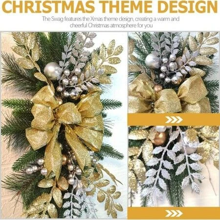 Christmas Teardrop Holiday Swag Leaves With Bow Knot And Ball Ornaments For Staircase Decoration Teardrop Hanging Ornament (Golden 1 Pcs) 2 Christmas Teardrop Holiday Swag Leaves With Bow Knot And Ball Ornaments For Staircase Decoration Teardrop Hanging Ornament (Golden 1 Pcs) - Image 2