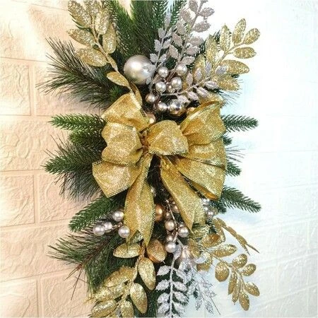 Christmas Teardrop Holiday Swag Leaves With Bow Knot And Ball Ornaments For Staircase Decoration Teardrop Hanging Ornament (Golden 1 Pcs) 4 Christmas Teardrop Holiday Swag Leaves With Bow Knot And Ball Ornaments For Staircase Decoration Teardrop Hanging Ornament (Golden 1 Pcs) - Image 4