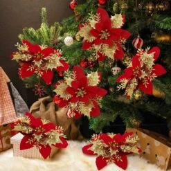 10 PCS Red Poinsettia Flower Artificial Tree Pointsettia With Clips Christmas Decor Glitter Ornaments -Christmas Lights Store 282837 2417209 HD