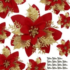 10 PCS Red Poinsettia Flower Artificial Tree Pointsettia With Clips Christmas Decor Glitter Ornaments -Christmas Lights Store 282837 2417211 HD