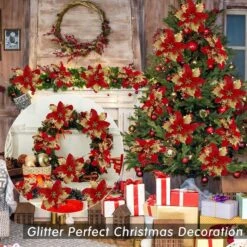10 PCS Red Poinsettia Flower Artificial Tree Pointsettia With Clips Christmas Decor Glitter Ornaments -Christmas Lights Store 282837 2417219 HD