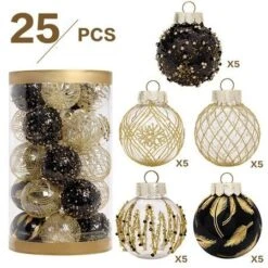 25 Pcs 6 Cm Christmas Ball Ornaments Tree Pendants Shatterproof Stuffed Decoration For Xmas Wedding Party (Black & Gold)
