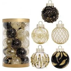 25 Pcs 6 Cm Christmas Ball Ornaments Tree Pendants Shatterproof Stuffed Decoration For Xmas Wedding Party (Black & Gold) -Christmas Lights Store 282935 2418557 F