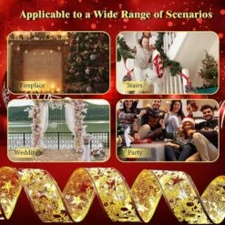 Christmas Tree Ribbon Xmas Fairy Lights, Battery Operated Decoration For Xmas Party Decorations (Gold Ribbon, Warm Yellow Light) -Christmas Lights Store 283297 2422447 HD