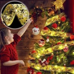 Christmas Tree Ribbon Xmas Fairy Lights, Battery Operated Decoration For Xmas Party Decorations (Gold Ribbon, Warm Yellow Light) -Christmas Lights Store 283297 2422449 HD