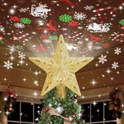 Christmas Tree Topper Lighted With 6 Projection Modes,Christmas Star Tree Topper Built-in LED Rotating Lights,Gold 4D Glitter Projector For Xmas Party Holiday Indoor Decorations (Gold Five-pointed Star ) -Christmas Lights Store 283509 2425523 HD