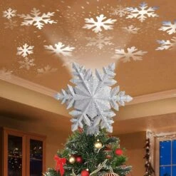 Christmas Tree Topper Lighted With Silver Snowflake Projector, Led Rotating Magic Snowflake, 3D Hollow Glitter Lighted Silver Snow Tree Topper For Christmas Tree Decorations (Silver Snow)