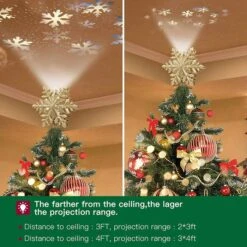 Christmas Tree Topper Lighted With Silver Snowflake Projector, Led Rotating Magic Snowflake, 3D Hollow Glitter Lighted Silver Snow Tree Topper For Christmas Tree Decorations (Gold Snow) -Christmas Lights Store 283515 2425553 HD