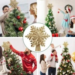 Christmas Tree Topper Lighted With Silver Snowflake Projector, Led Rotating Magic Snowflake, 3D Hollow Glitter Lighted Silver Snow Tree Topper For Christmas Tree Decorations (Gold Snow) -Christmas Lights Store 283515 2425557 HD