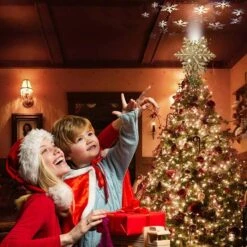 Christmas Tree Topper Lighted With Silver Snowflake Projector, Led Rotating Magic Snowflake, 3D Hollow Glitter Lighted Silver Snow Tree Topper For Christmas Tree Decorations (Gold Snow) -Christmas Lights Store 283515 2425559 HD