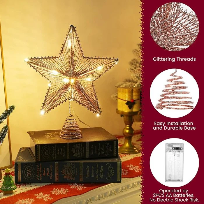 Christmas Star Tree Topper, Glitter 3D Star Tree Top With LED Lights For Christmas Tree Decoration And Holiday Seasonal Decor - Rose Gold 4 Christmas Star Tree Topper, Glitter 3D Star Tree Top With LED Lights For Christmas Tree Decoration And Holiday Seasonal Decor - Rose Gold - Image 4