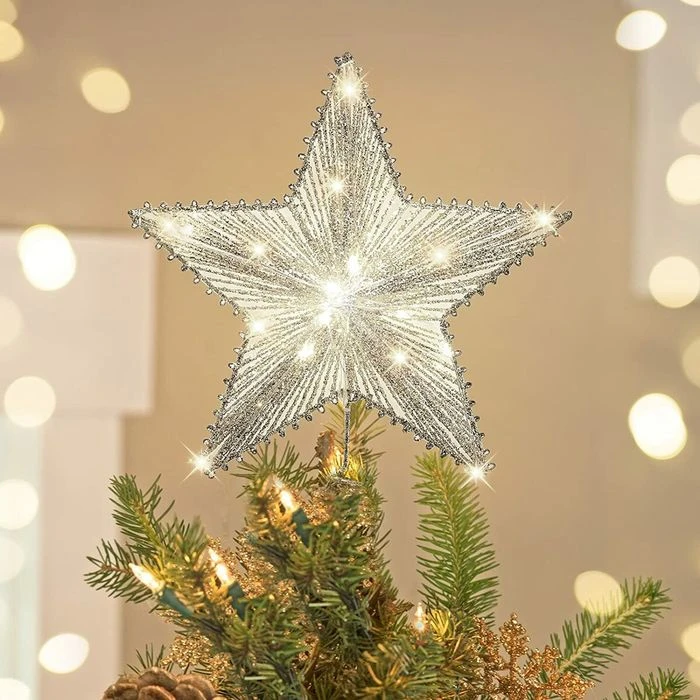 Christmas Star Tree Topper, Silver Glitter 3D Star Tree Top With LED Lights For Christmas Tree Decoration And Holiday Seasonal Decor - Silver 1 Christmas Star Tree Topper, Silver Glitter 3D Star Tree Top With LED Lights For Christmas Tree Decoration And Holiday Seasonal Decor - Silver