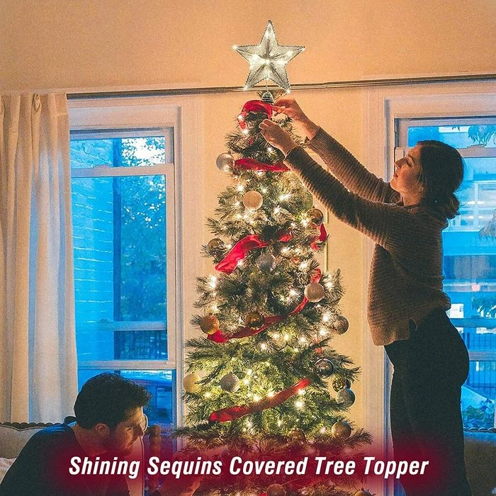 Christmas Star Tree Topper, Silver Glitter 3D Star Tree Top With LED Lights For Christmas Tree Decoration And Holiday Seasonal Decor - Silver 2 Christmas Star Tree Topper, Silver Glitter 3D Star Tree Top With LED Lights For Christmas Tree Decoration And Holiday Seasonal Decor - Silver - Image 2