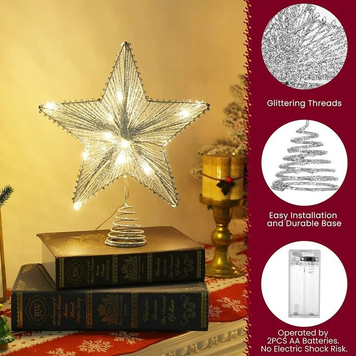 Christmas Star Tree Topper, Silver Glitter 3D Star Tree Top With LED Lights For Christmas Tree Decoration And Holiday Seasonal Decor - Silver 4 Christmas Star Tree Topper, Silver Glitter 3D Star Tree Top With LED Lights For Christmas Tree Decoration And Holiday Seasonal Decor - Silver - Image 4