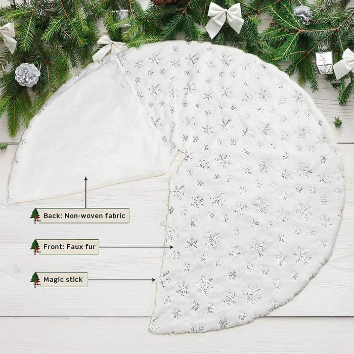 48 Inches Christmas Tree Skirt For Xmas Tree Holiday Party Decoration White Plush Gold Sequin Snowflake (Silver) 3 48 Inches Christmas Tree Skirt For Xmas Tree Holiday Party Decoration White Plush Gold Sequin Snowflake (Silver) - Image 3