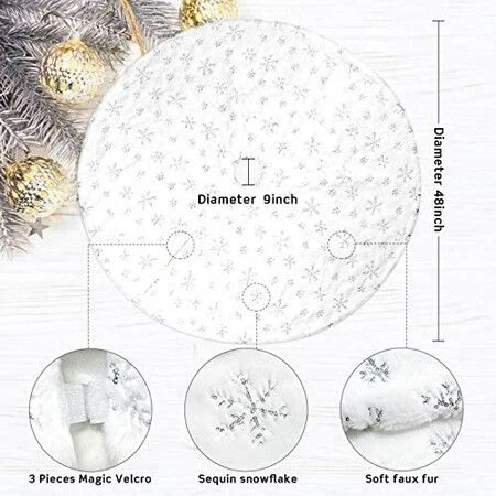 48 Inches Christmas Tree Skirt For Xmas Tree Holiday Party Decoration White Plush Gold Sequin Snowflake (Silver) 4 48 Inches Christmas Tree Skirt For Xmas Tree Holiday Party Decoration White Plush Gold Sequin Snowflake (Silver) - Image 4