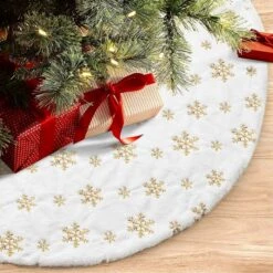48 Inches Christmas Tree Skirt For Xmas Tree Holiday Party Decoration White Plush Gold Sequin Snowflake (Gold)