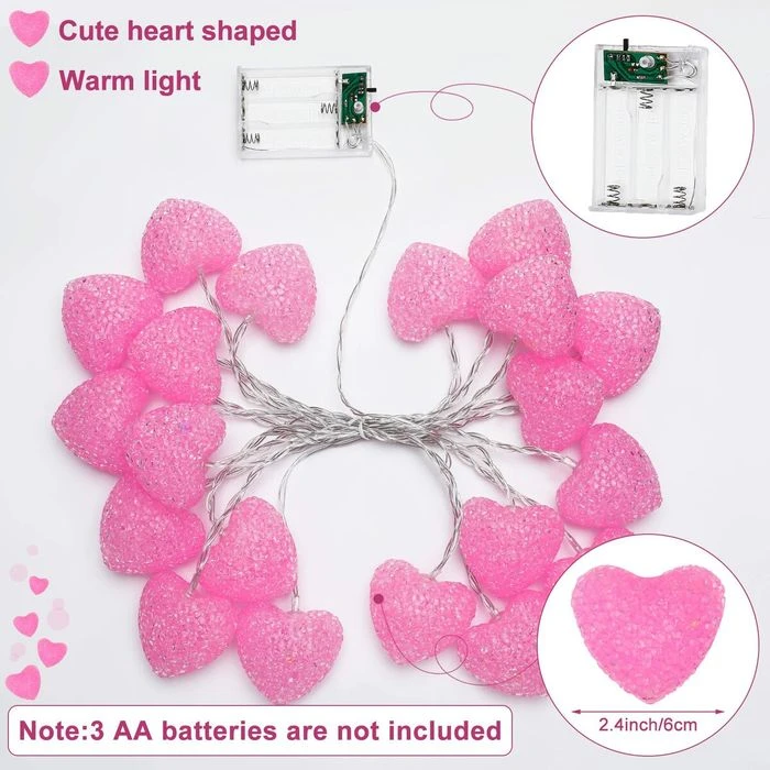 3M 20 LED Heart String Lights Valentines Day Heart Plastic Light Set Battery Operated Fairy String Lights For Valentines, Wedding, Christmas, Birthday Party Decor (Pink) 2 3M 20 LED Heart String Lights Valentines Day Heart Plastic Light Set Battery Operated Fairy String Lights For Valentines, Wedding, Christmas, Birthday Party Decor (Pink) - Image 2